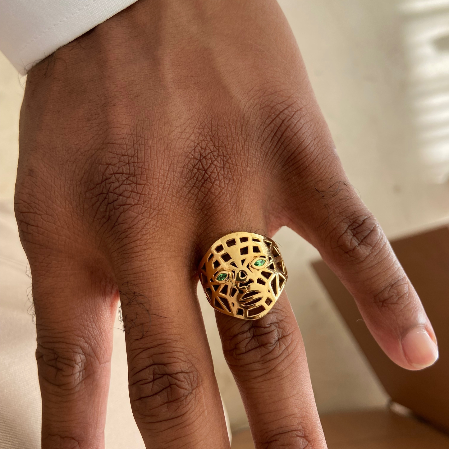 Mask Of Olmec Ring With Natural Green Garnet - By Naki Tech