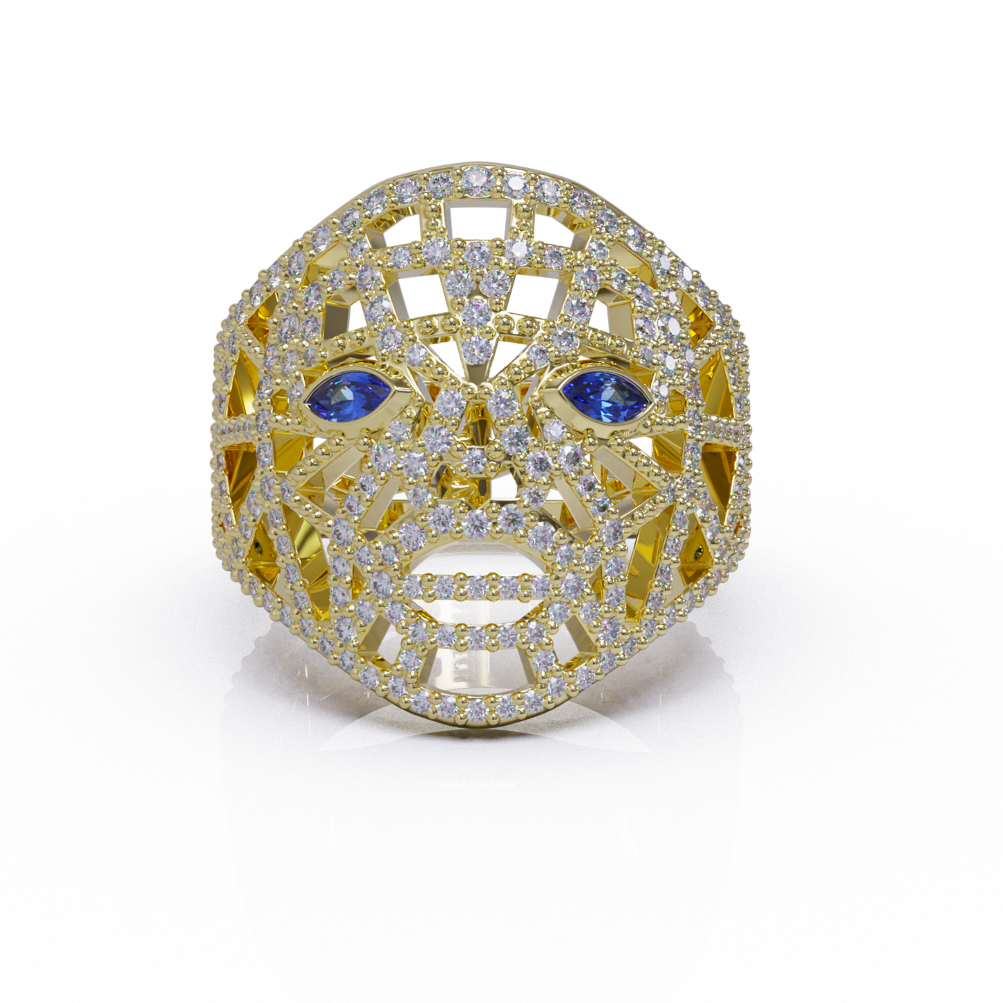 Mask Of Olmec Ring With Lab Diamond Pave & Natural Tanzanite- By Naki Tech