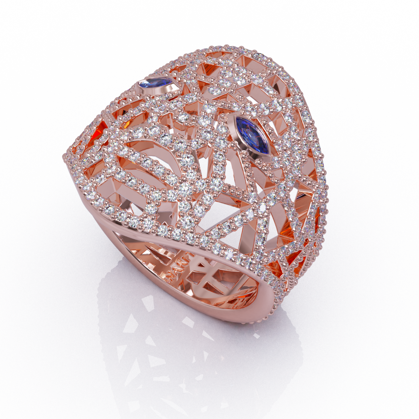 Mask Of Olmec Ring With Lab Diamond Pave & Natural Tanzanite- By Naki Tech