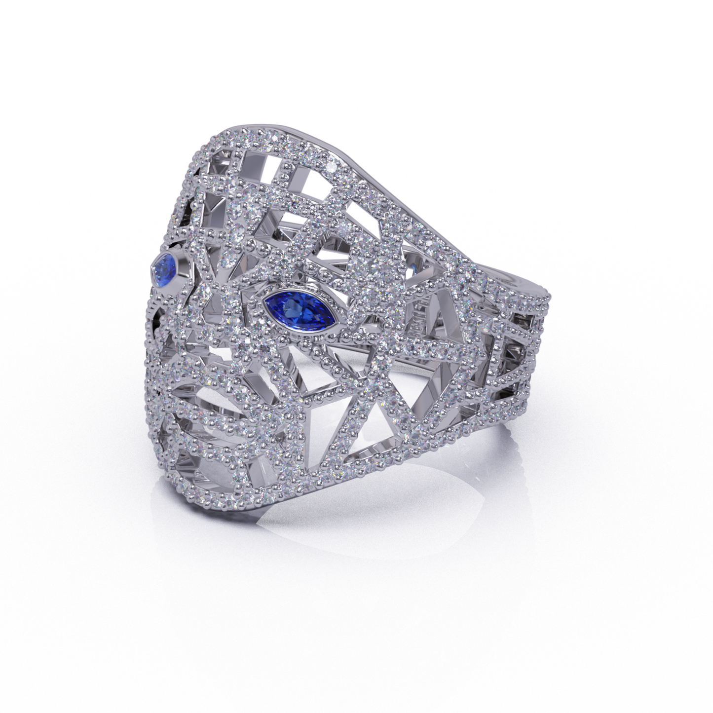 Mask Of Olmec Ring With Lab Diamond Pave & Natural Tanzanite- By Naki Tech