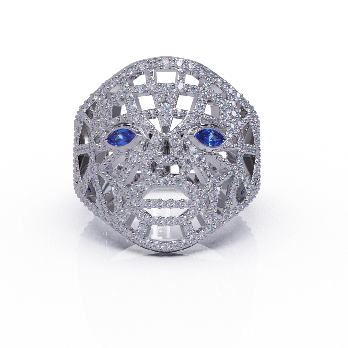 Mask Of Olmec Ring With Lab Diamond Pave & Natural Tanzanite- By Naki Tech