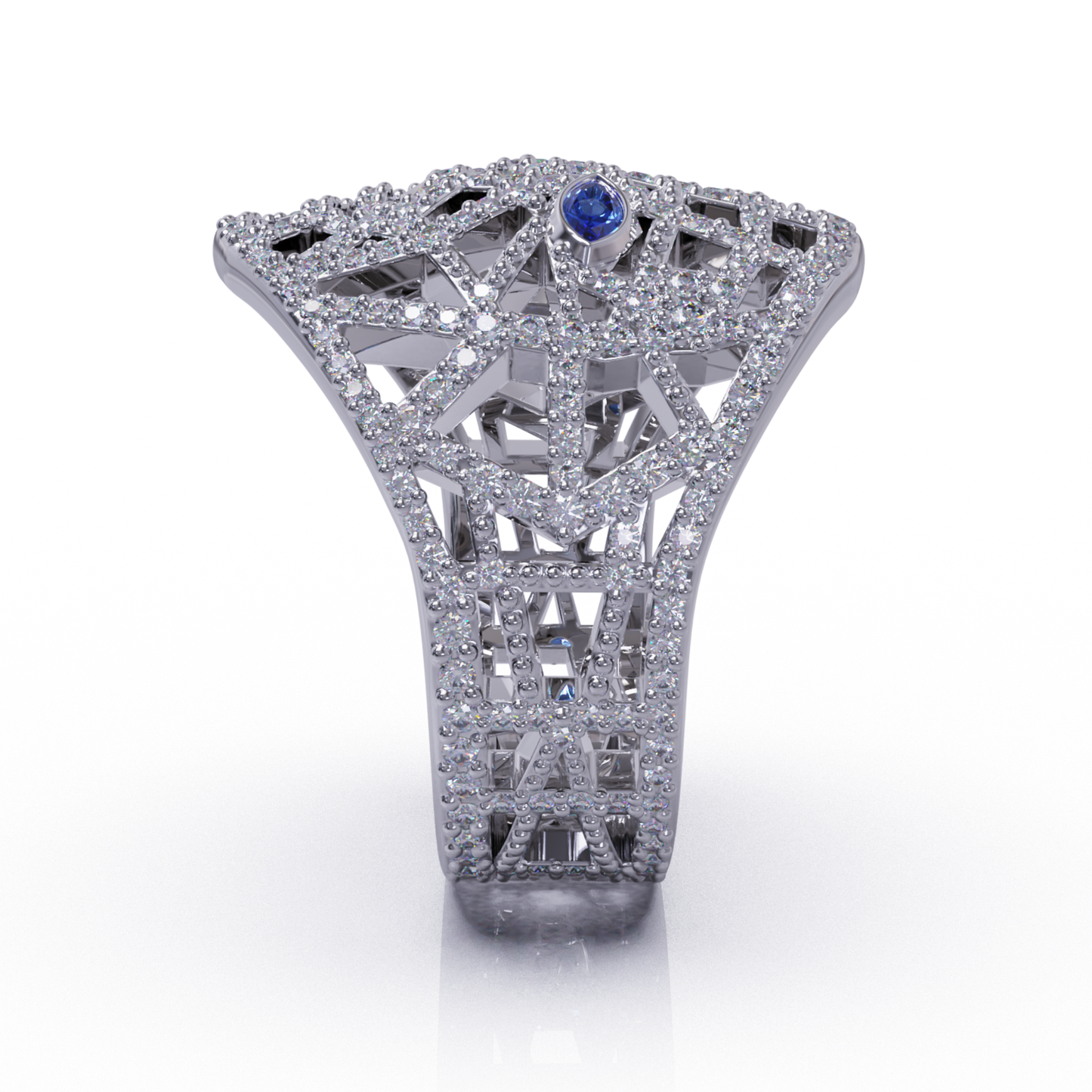 Mask Of Olmec Ring With Lab Diamond Pave & Natural Tanzanite- By Naki Tech
